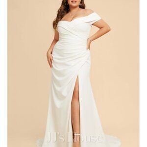 Sheath/Column Off the Shoulder Sweep Train Stretch Crepe Wedding Dress With Ruff
